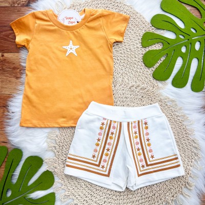 Conj. Blusa Estrela do Mar e Short Conchinhas - Laranja e Off White 
